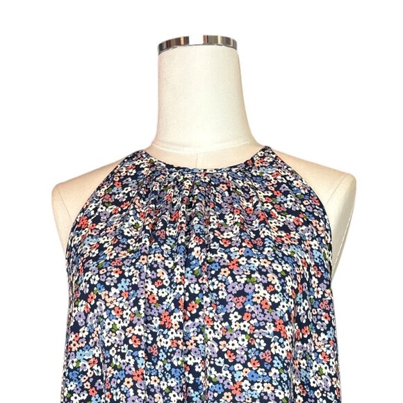 Michael Kors Sleeveless Floral Top Small Hanky Hem Blouse Navy Multicolor Spring - Picture 3 of 11